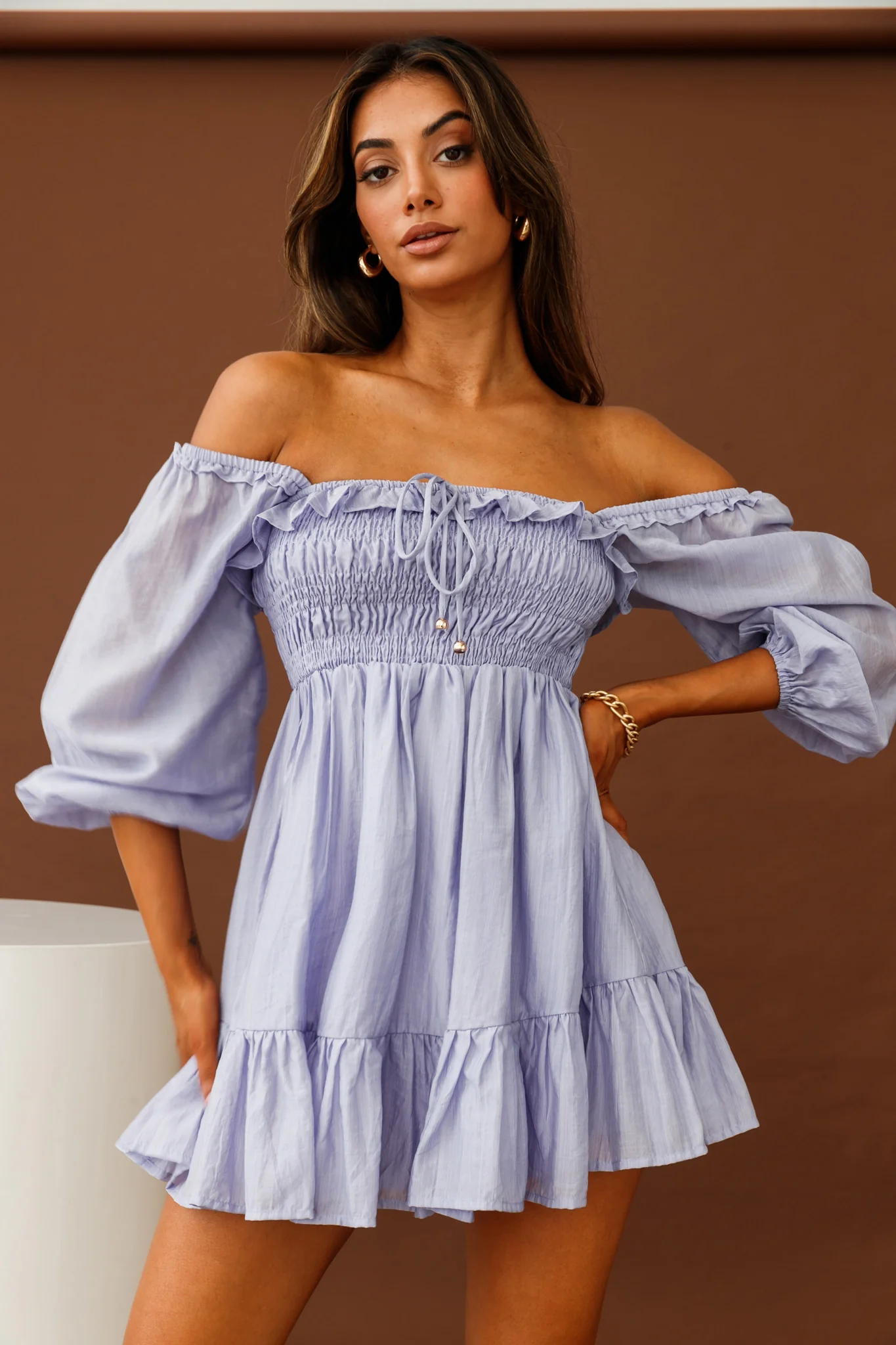 Flynn Balloon Sleeve Shirred Bust Mini Dress Lavender