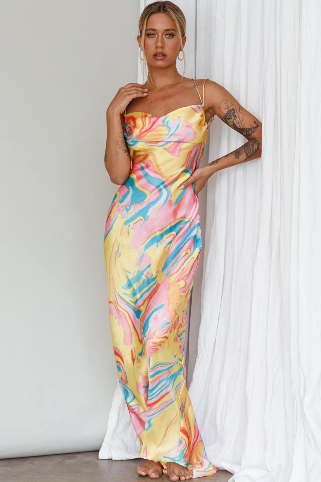 Moment With You Ruched Bust Midi Dress Swirl Yellow/Green
