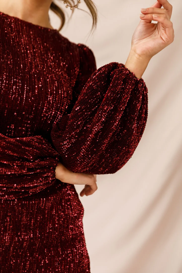 Tinsel Long Sleeve Sequin Mini Dress Plum