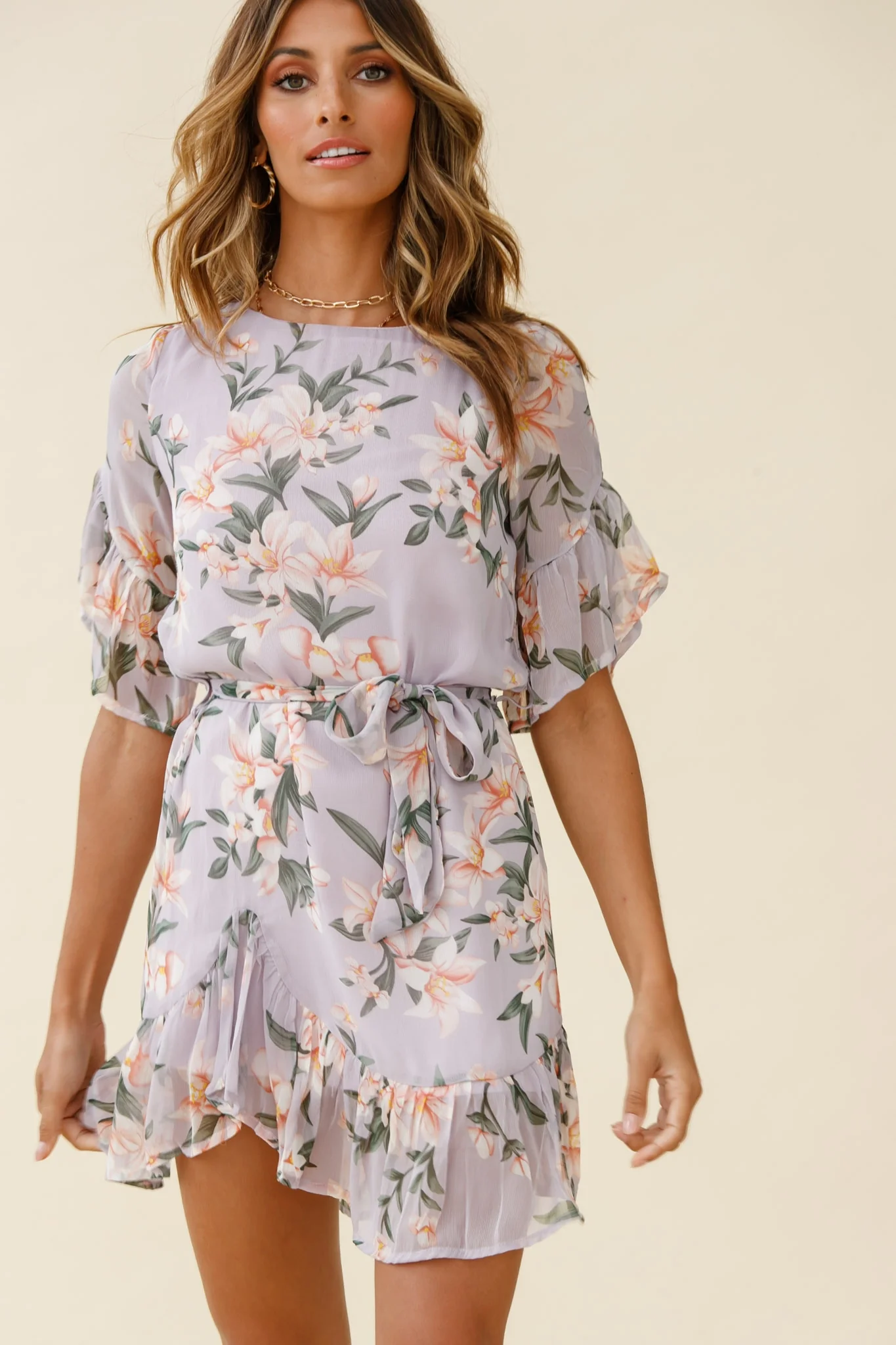 Azealia Ruffle Hem Dress Flower Print Purple