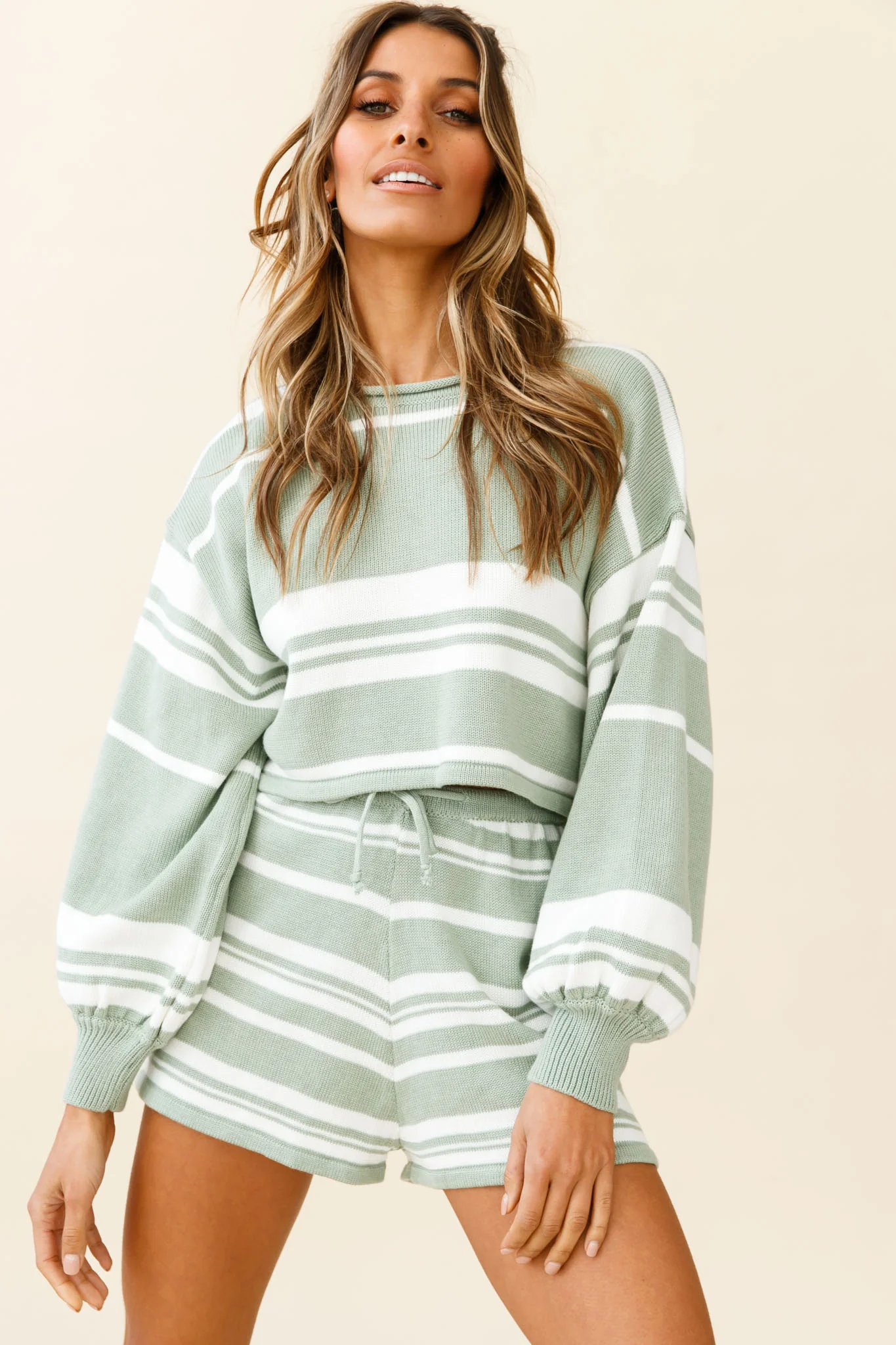 Carlo Drawstring Waist Shorts Striped Pattern Sage