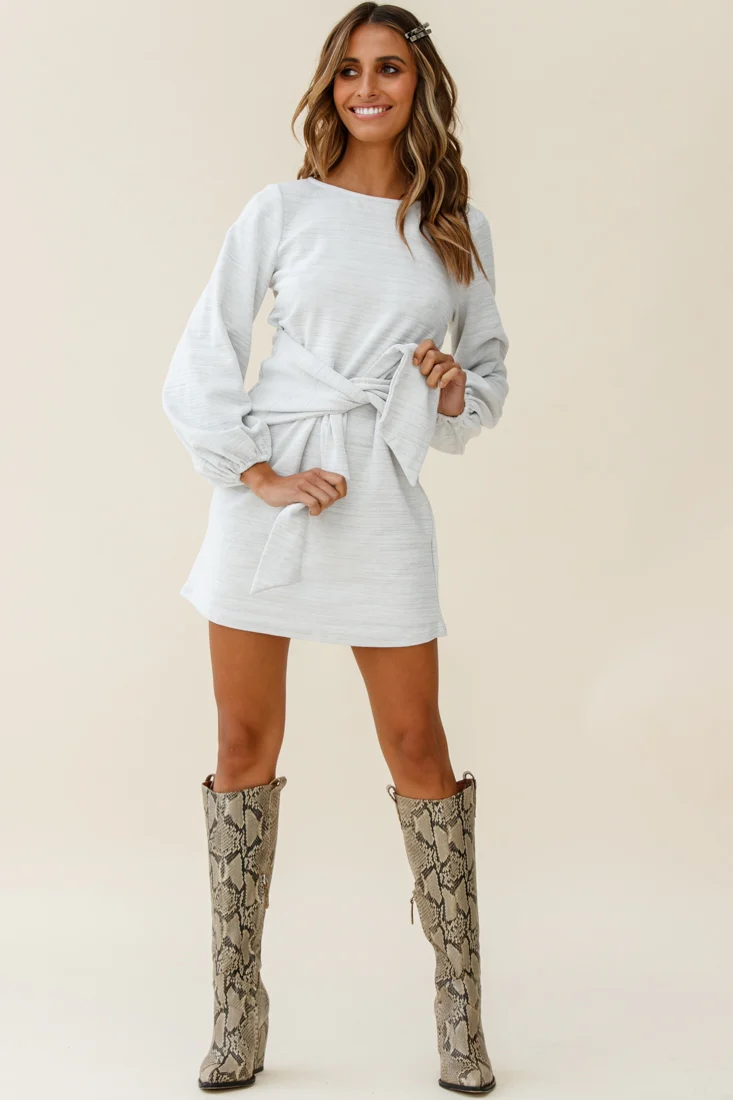 Rapt Waist Tie Bishop Sleeve Knit Dress Steel Grey