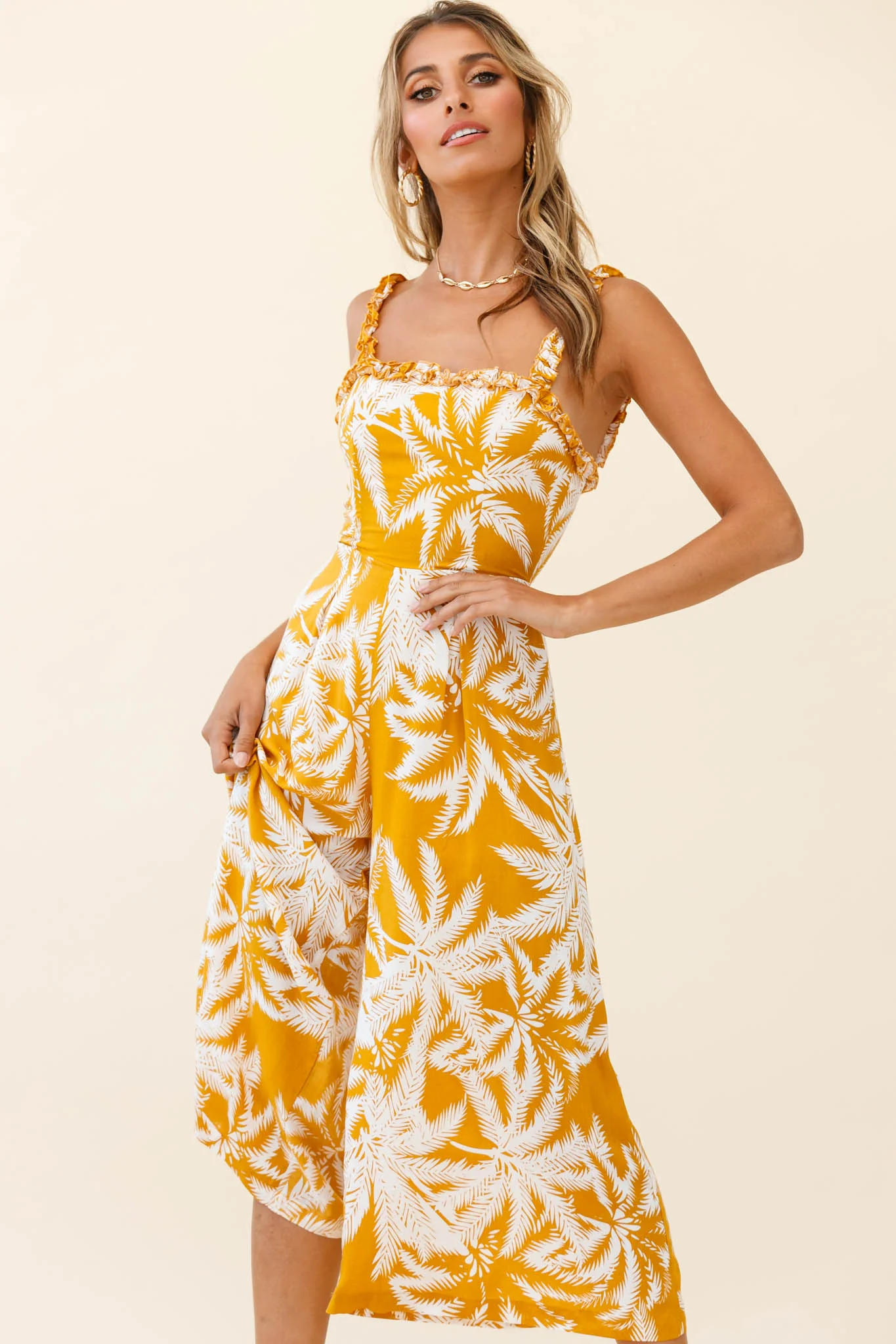 Magdalene Frill Strap Midi Jumpsuit Palm Print Yellow