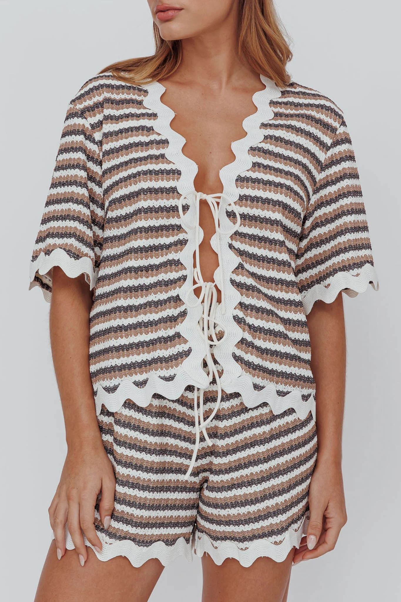 Breakaway Tie Front Shirt Stripe Mocha