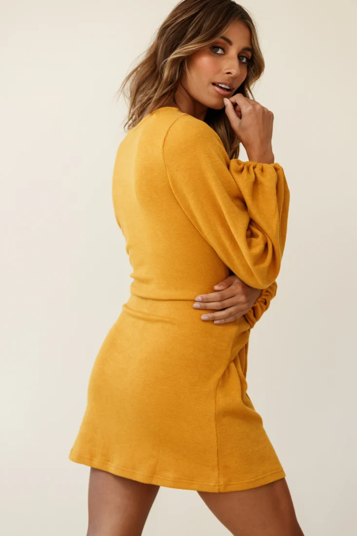 Rapt Waist Tie Knit Dress Mustard