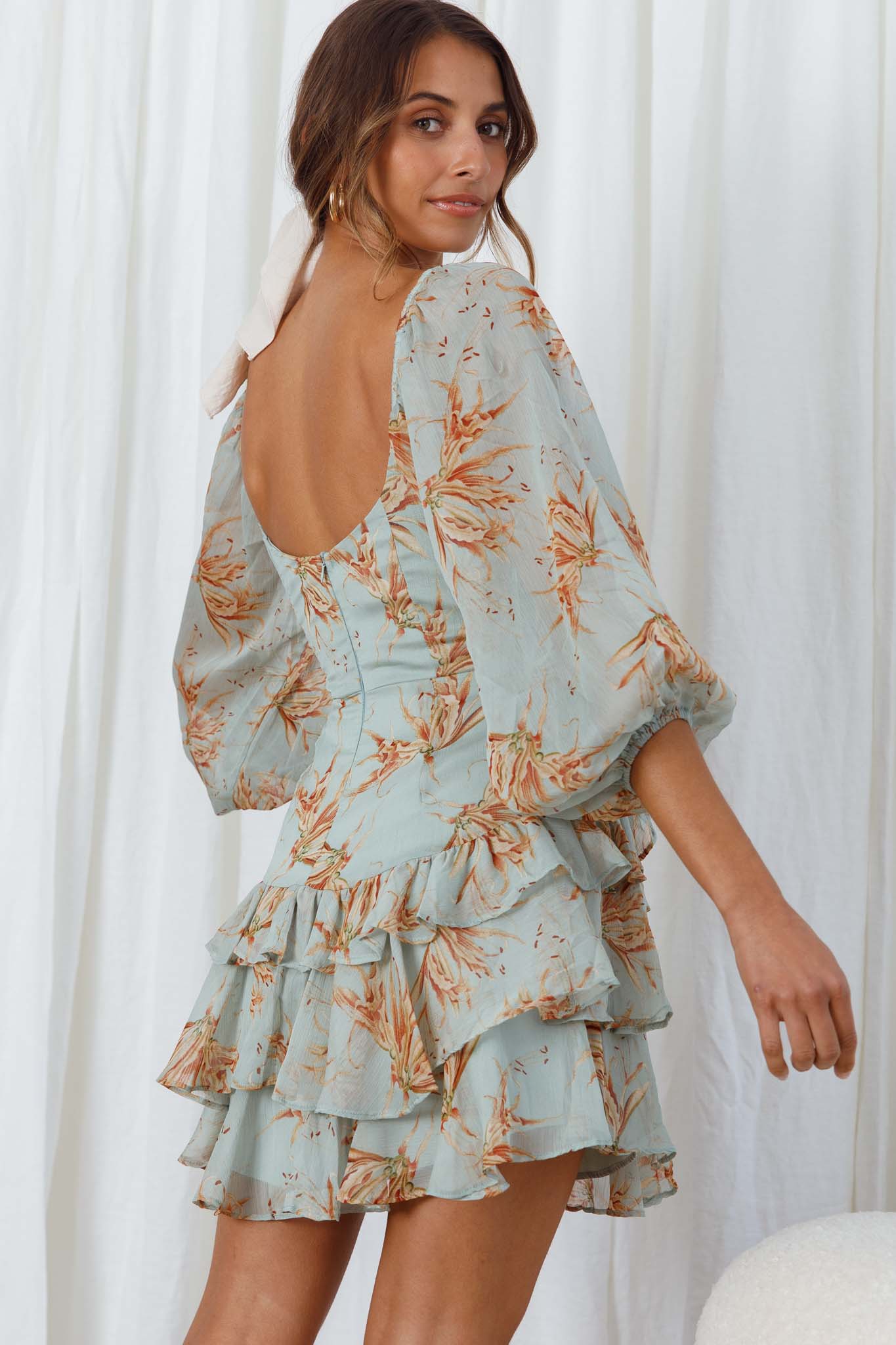 Flower Child Three Quarter Sleeve Bust Tie Ruffle Dress Lily Print Pistachio