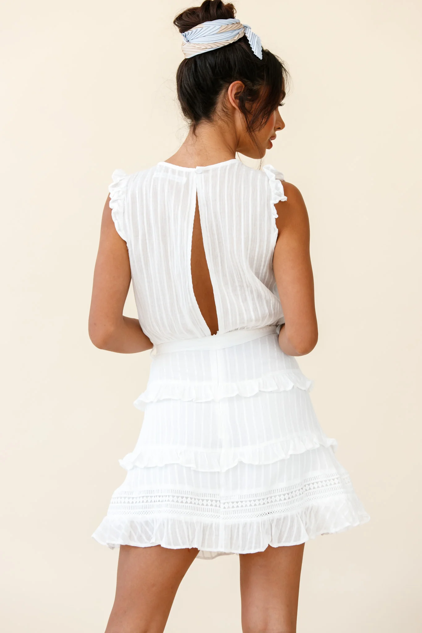 Olga Tiered Frill Detail Waist Tie Dress White