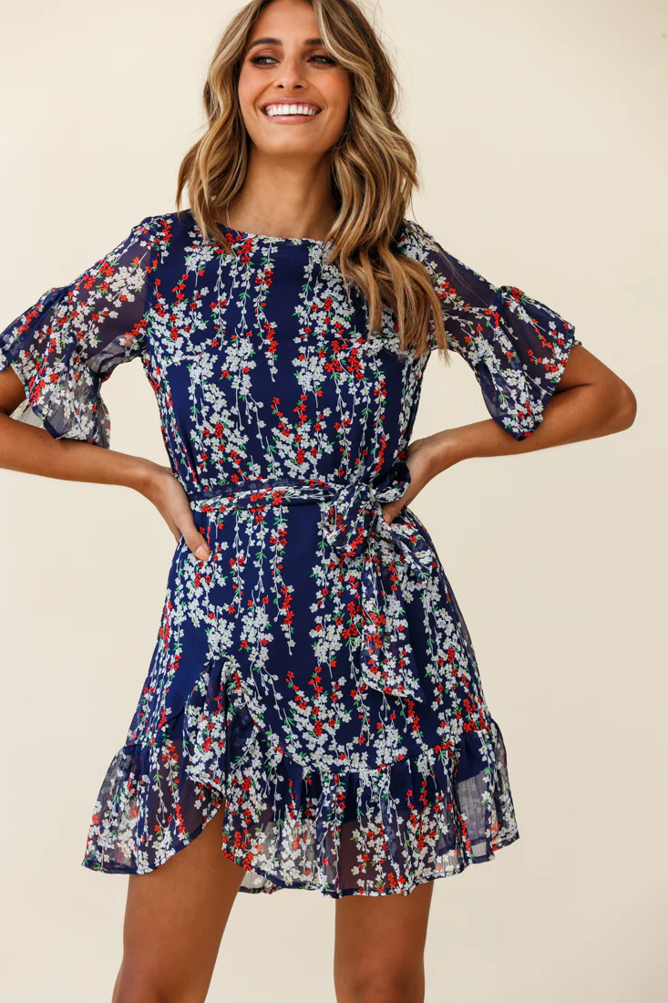 Azealia Ruffle Hem Dress Floral Print Navy
