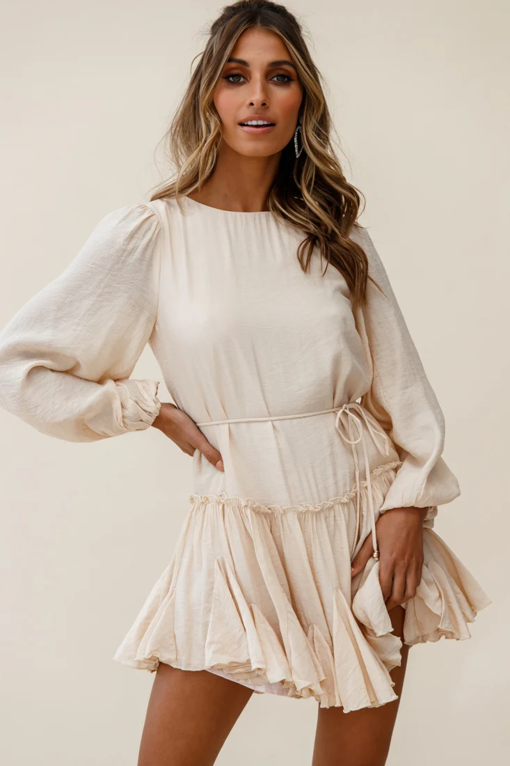 Rosabel Balloon Sleeve Fluted Hem Dress Beige