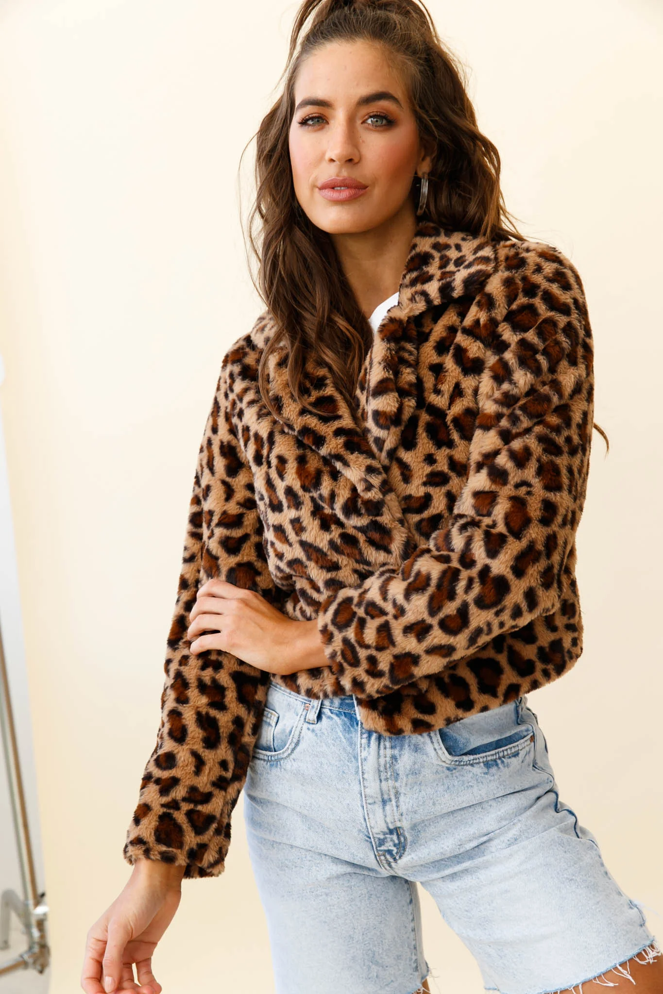 Ohio Faux Fur Leopard Print Jacket Brown