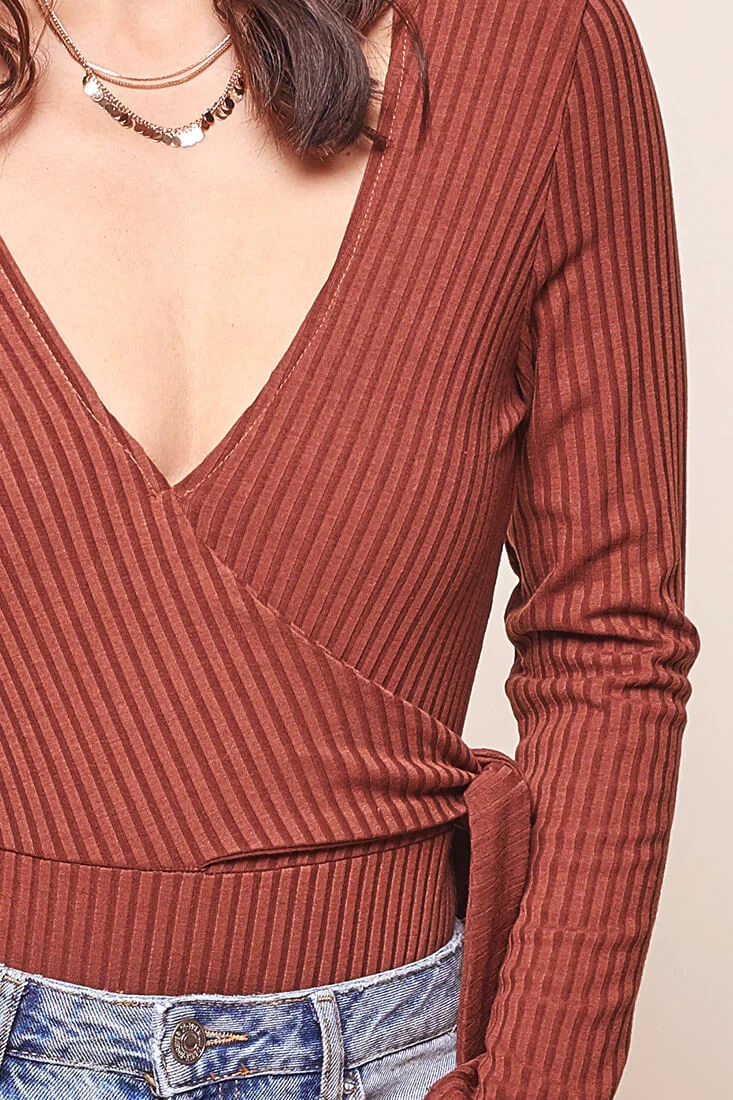 Herieth Long Sleeved Ribbed Bodysuit Chestnut