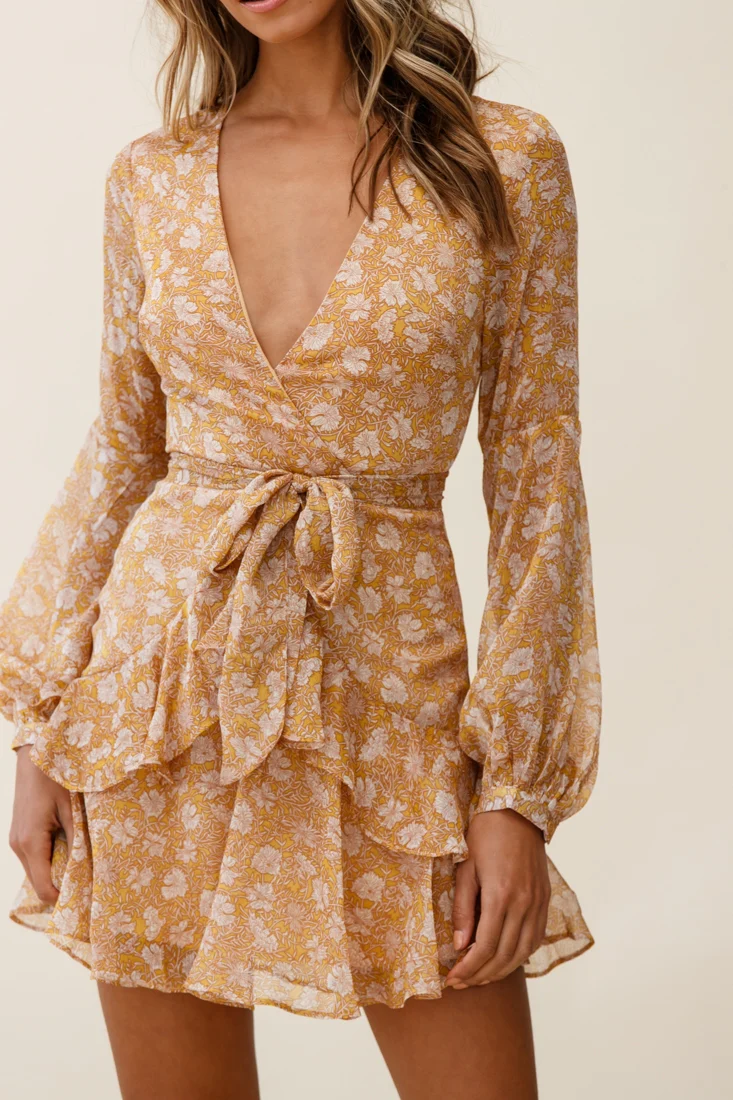 Kerry Layered Balloon Sleeve Dress Floral Print Mustard