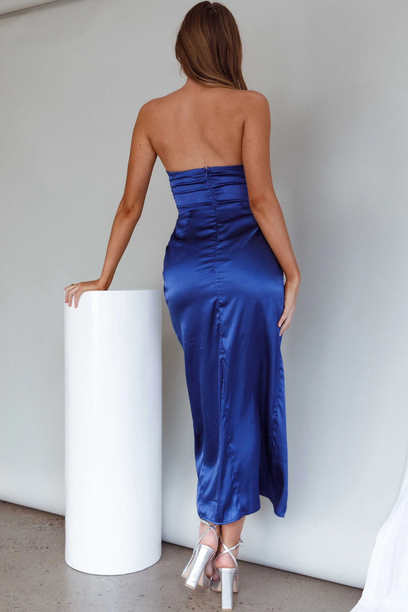 Gianna Strapless Ruched Bust Midi Dress Navy