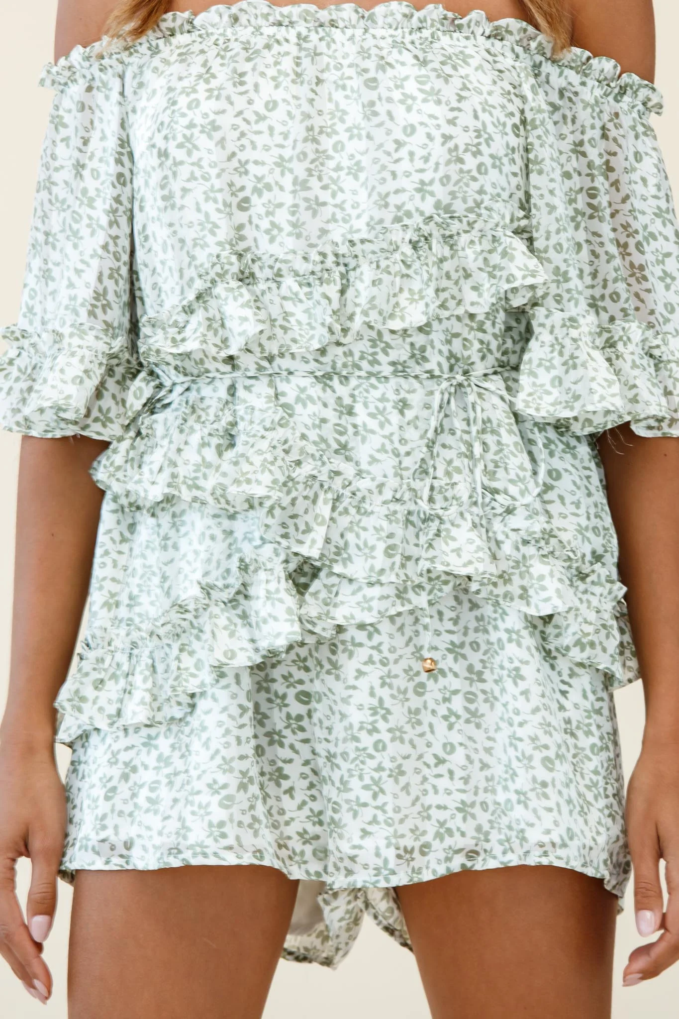 Astoria Bardot Neckline Frill Romper Floral Print Green