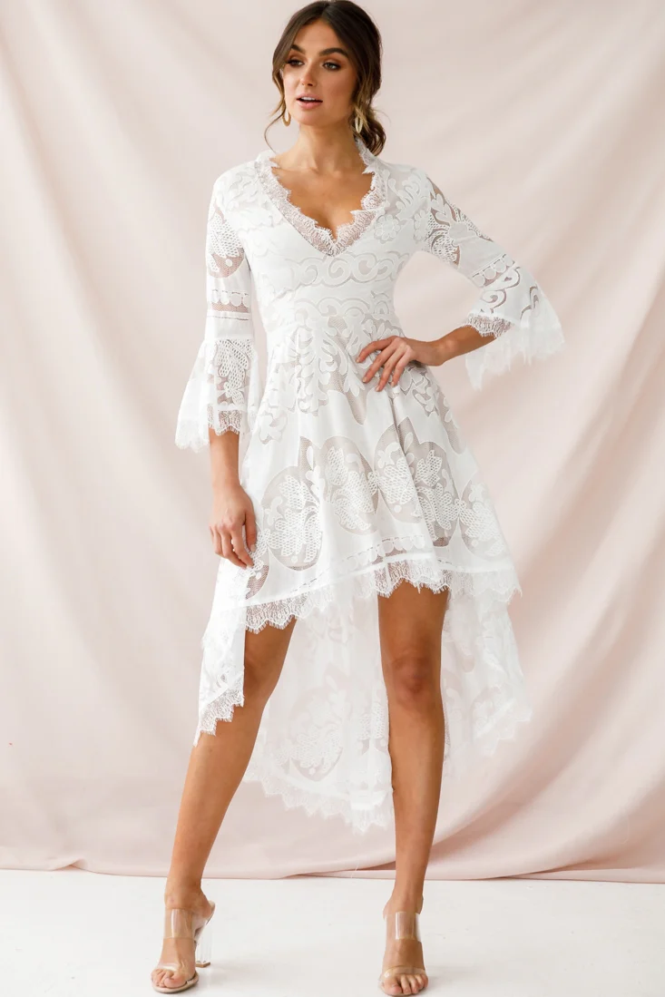 Chantilly High-Low Bell Sleeve Dress White