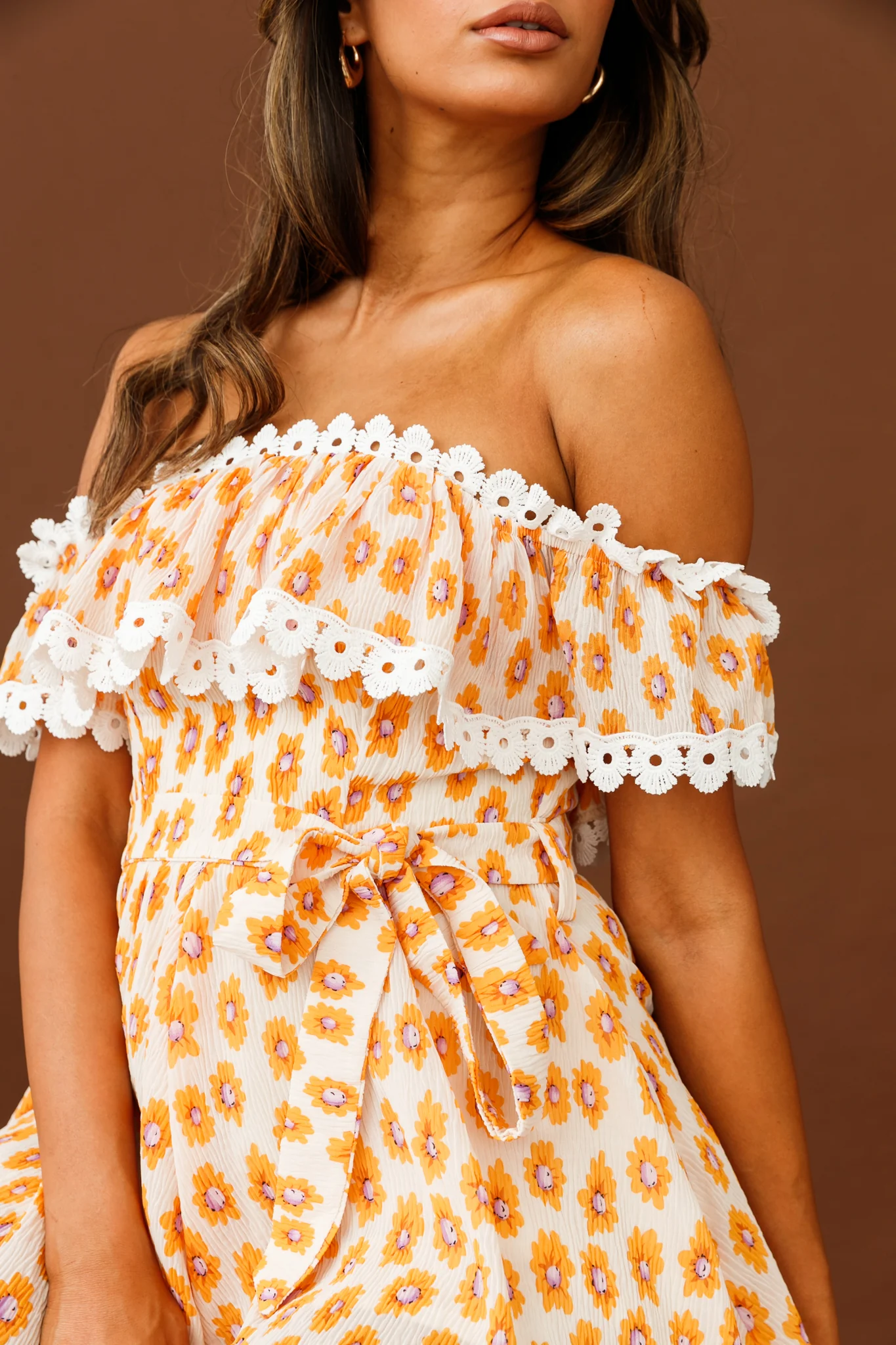 Jalisco Off-Shoulder Waist Tie Romper Floral Print White/Orange