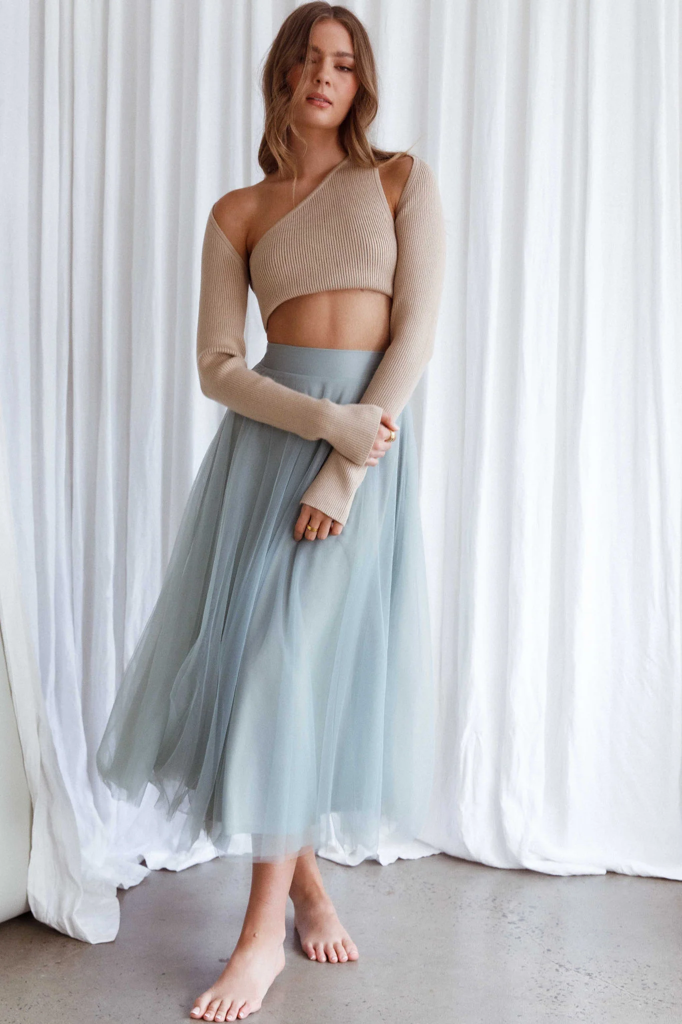 Jasmine Organza Mesh Elasticated Waist Midi Skirt Sage