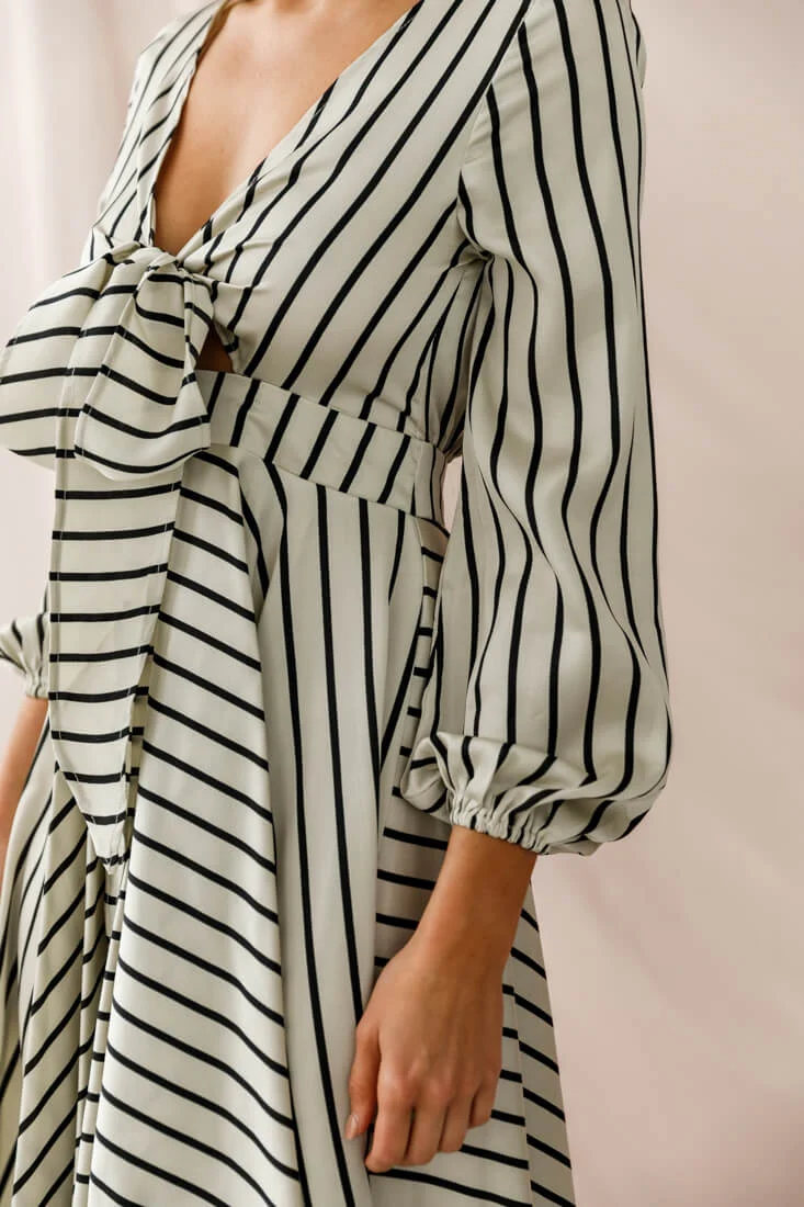 Essex Striped Bust Tie Midi Dress Beige