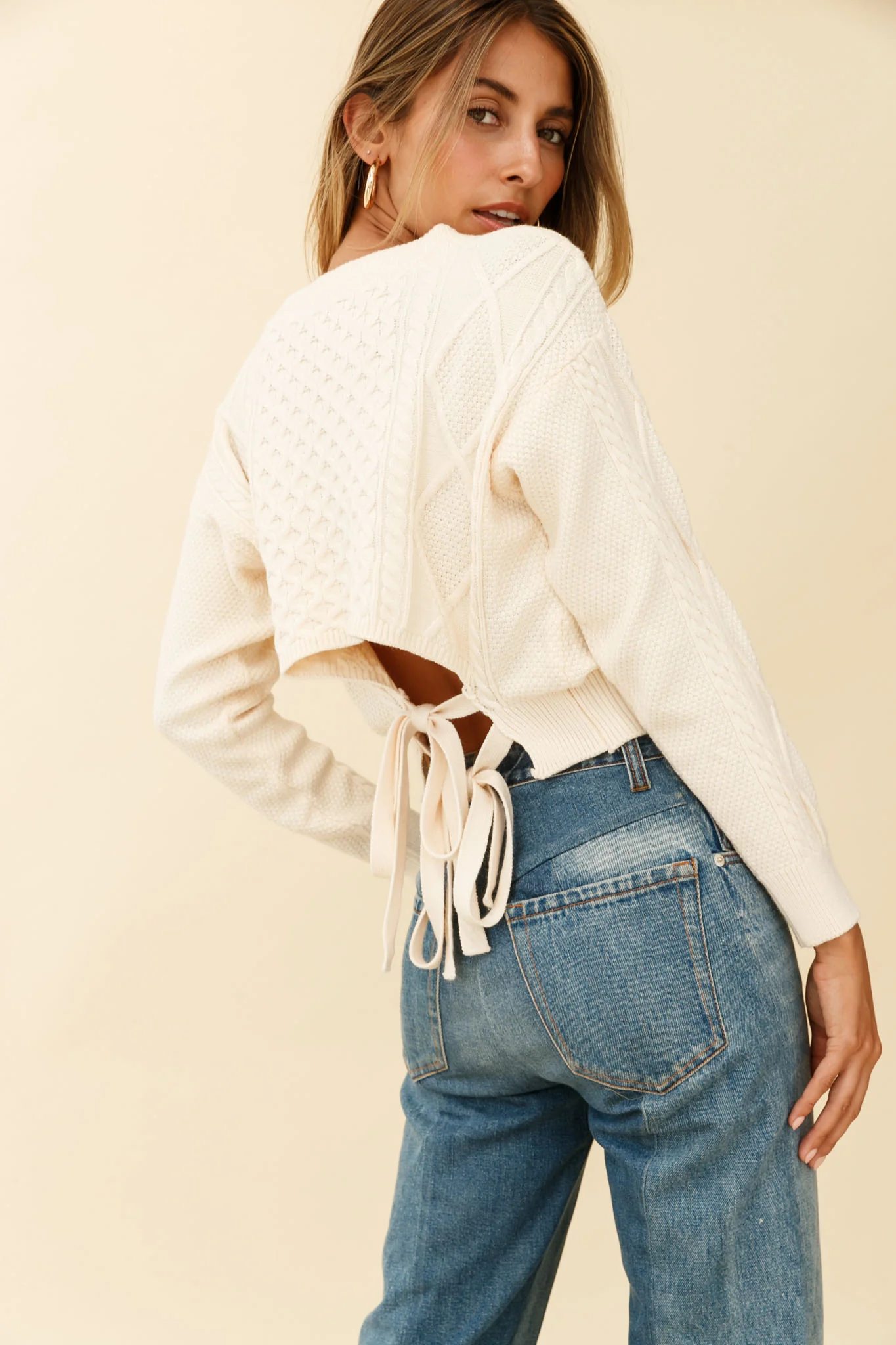 Dulce de Leche Long Sleeve Tie-Back Knit Sweater Beige