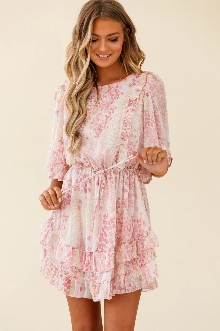 Stars Aligned Angel Sleeve Drawstring Waist Dress Star Print Pink