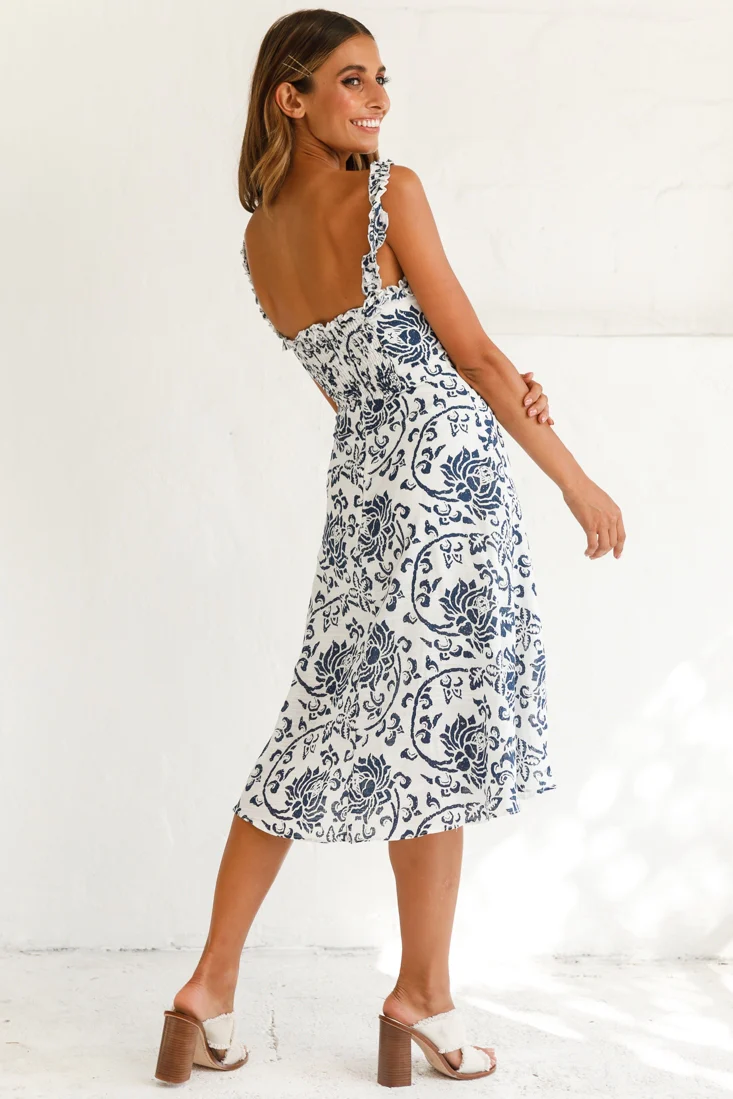 Magdalene Frill Strap A-Line Midi Dress Floral Print White