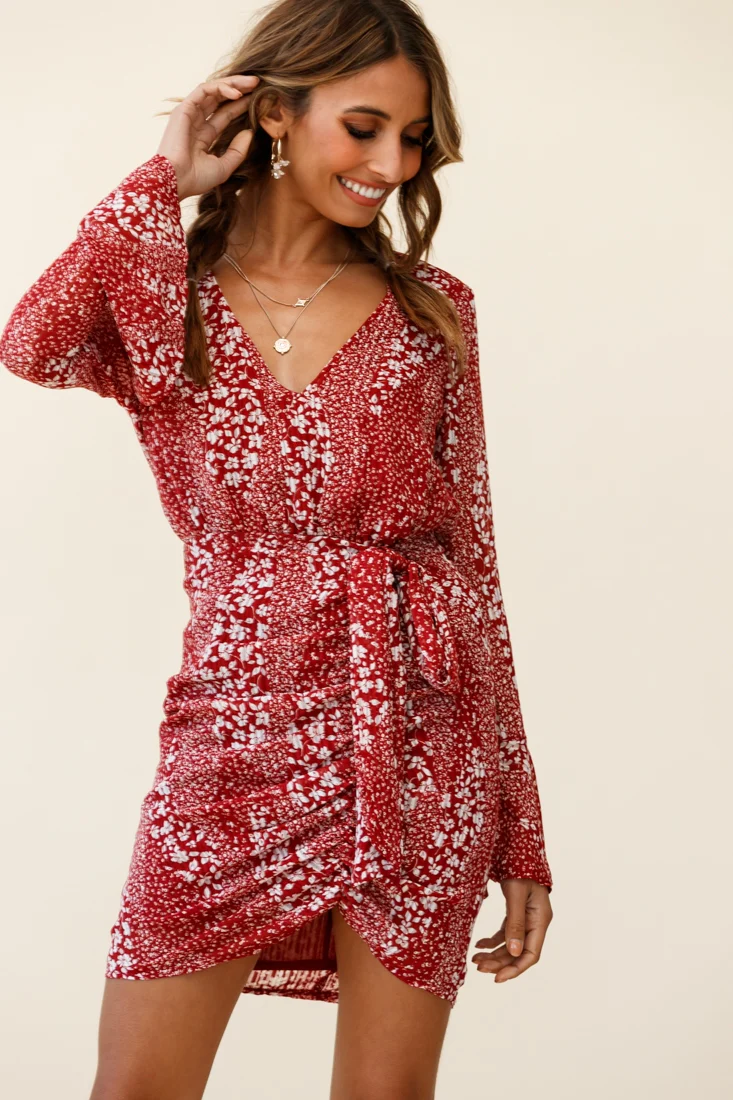 Simona Long Sleeve Wrap Style Dress Floral Print Red