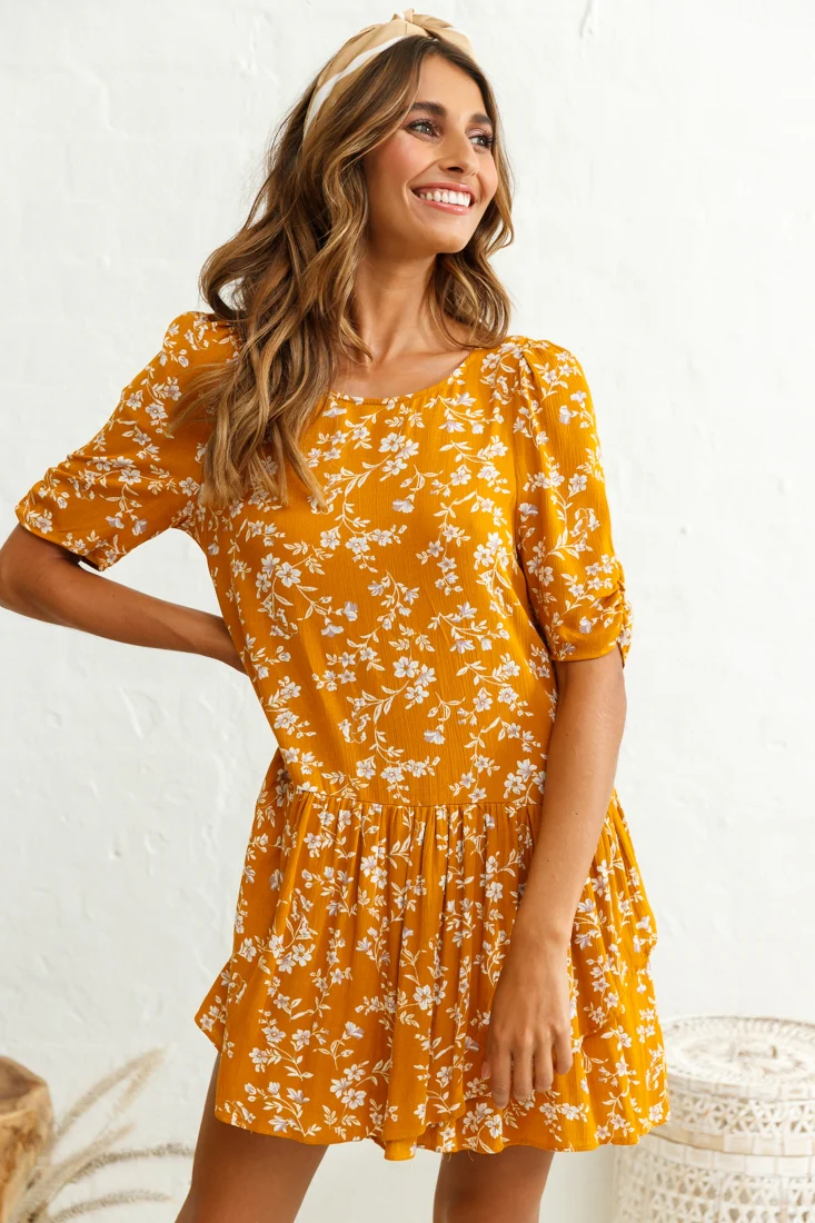 Marika Dropped Waist Short Sleeve Shift Dress Floral Print Mustard