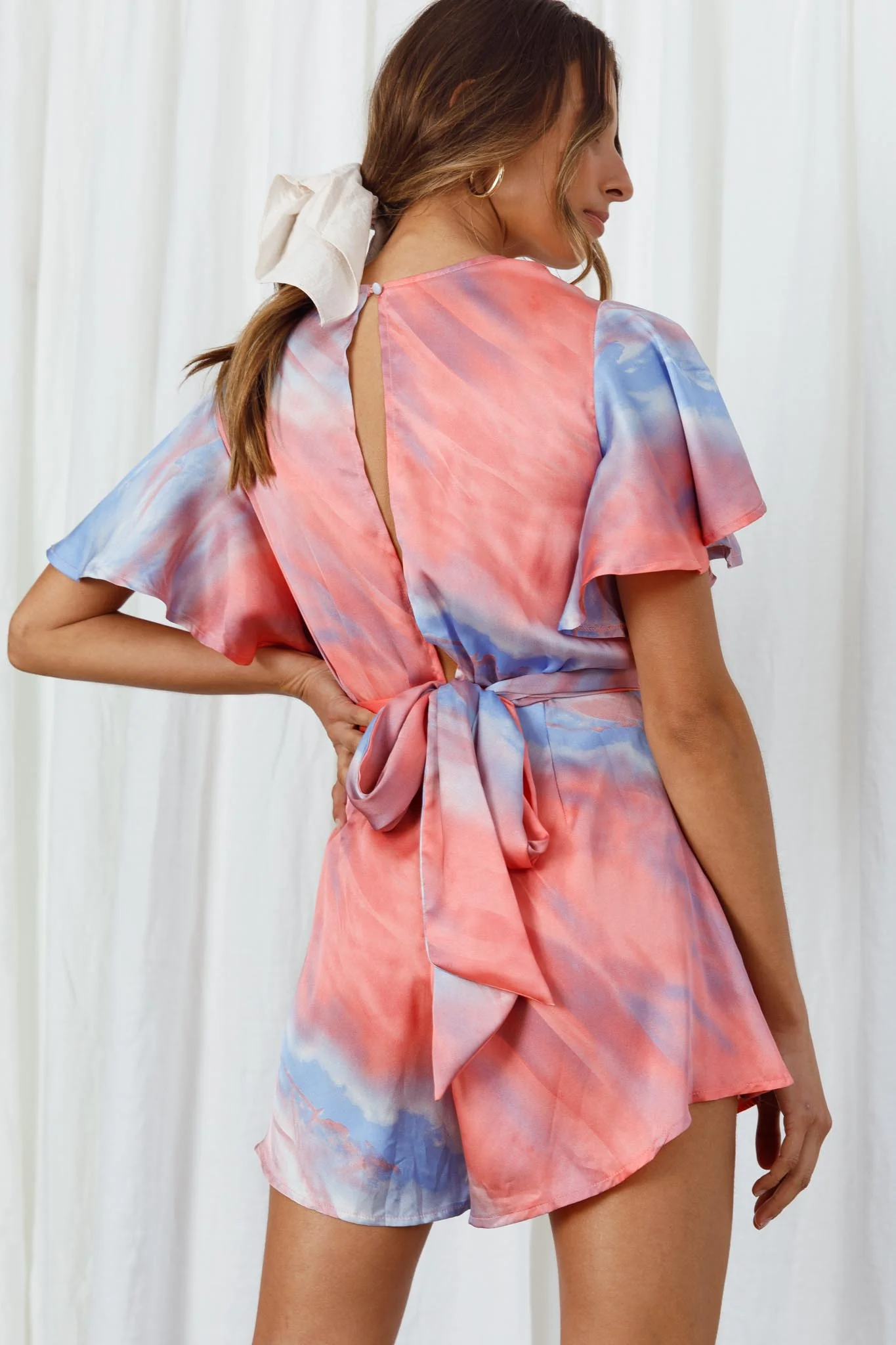 Unconditional Plunging Wrap Style Romper Marbled Tie Dye Red/Purple