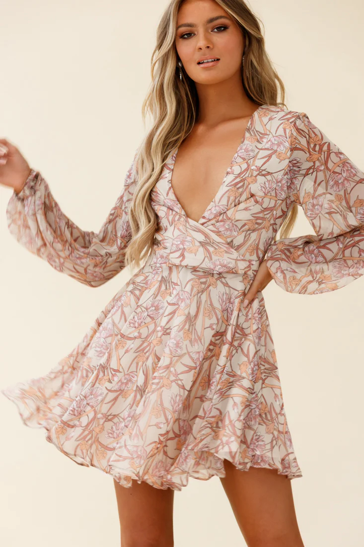 Jessinta Long Sleeve Pintuck Waist Dress Floral Print Nude