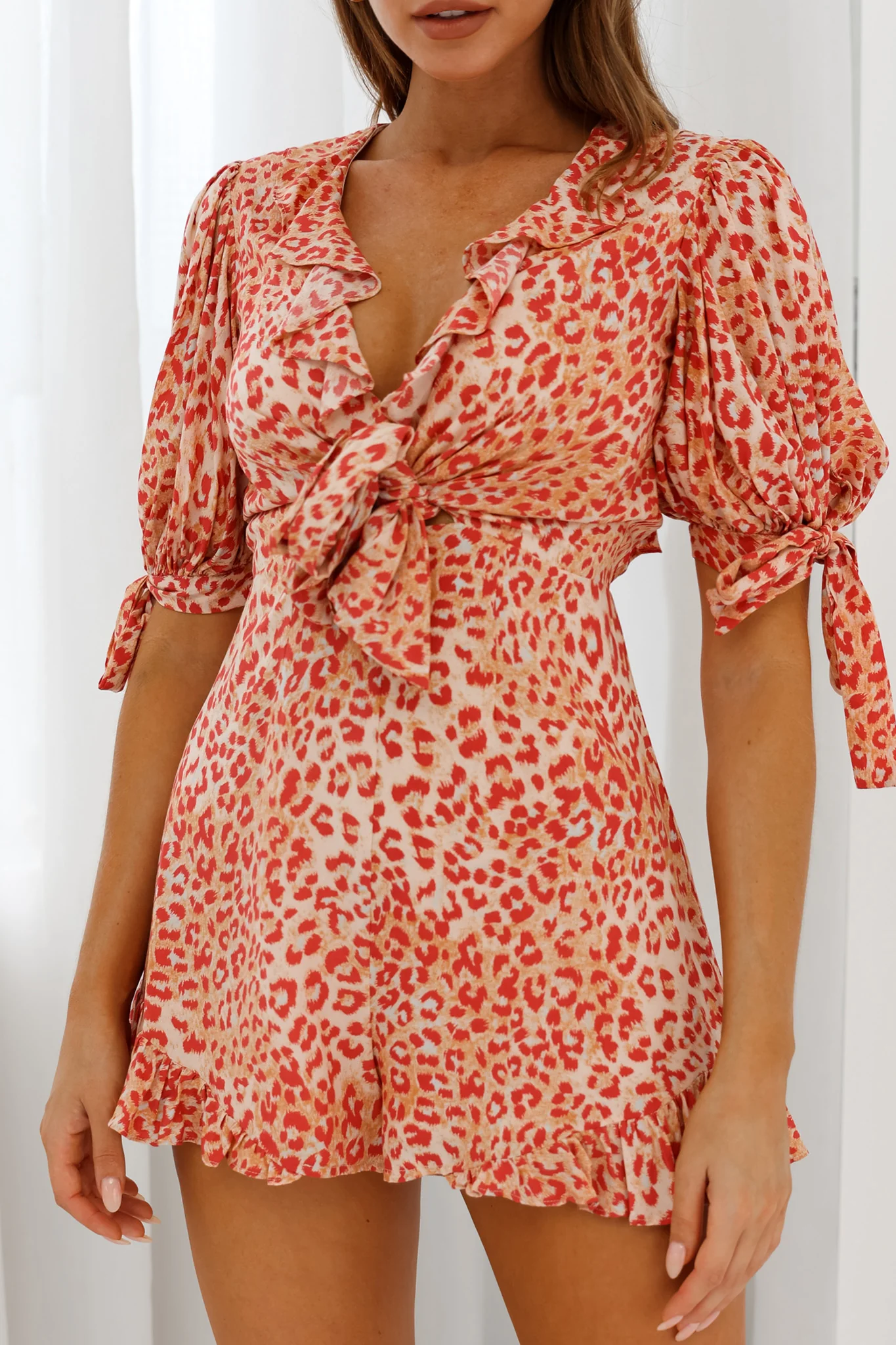 Francine Short Sleeve Tied Bust Romper Leopard Print Orange