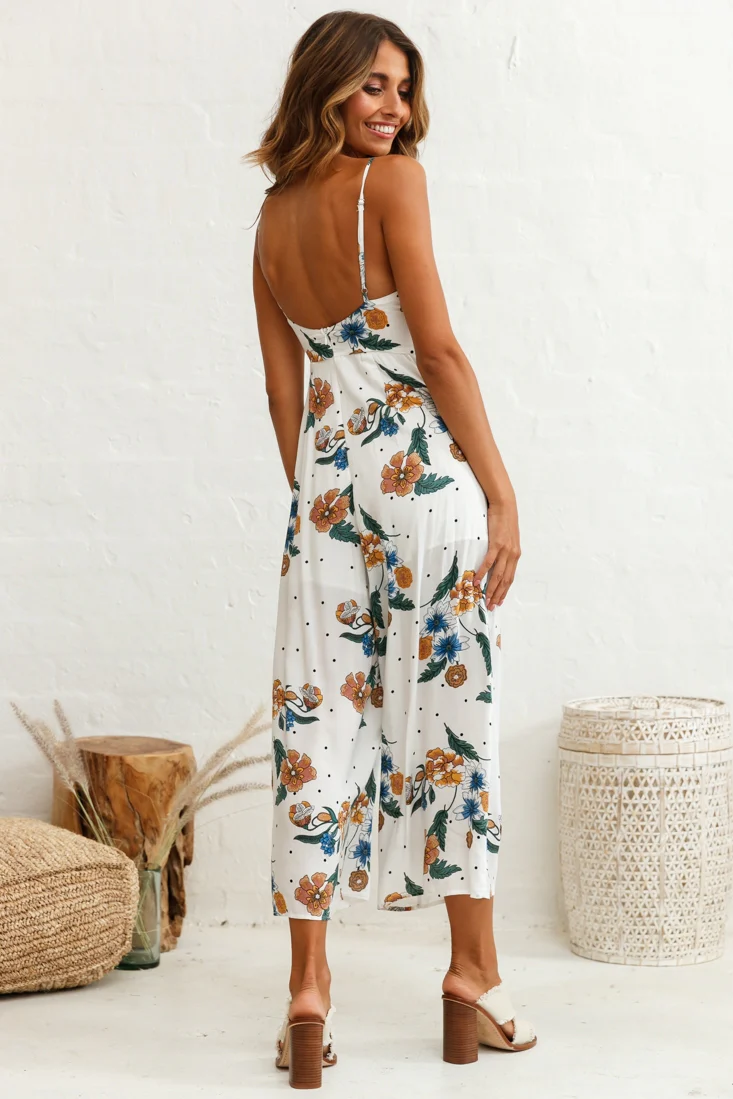 Call Me Wide-Leg Tied Bust Jumpsuit Floral Print White