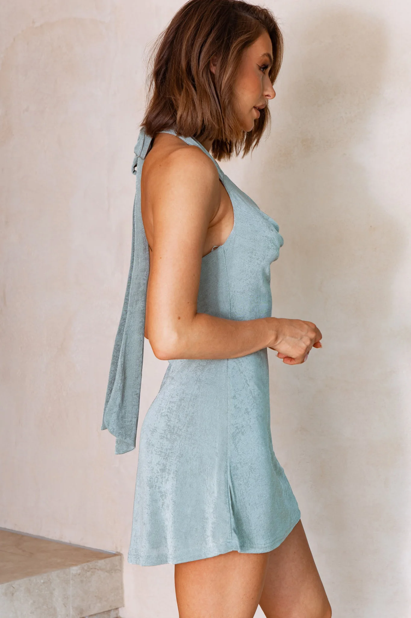 Champagne Showers Halterneck Slip Jersey Mini Dress Sage