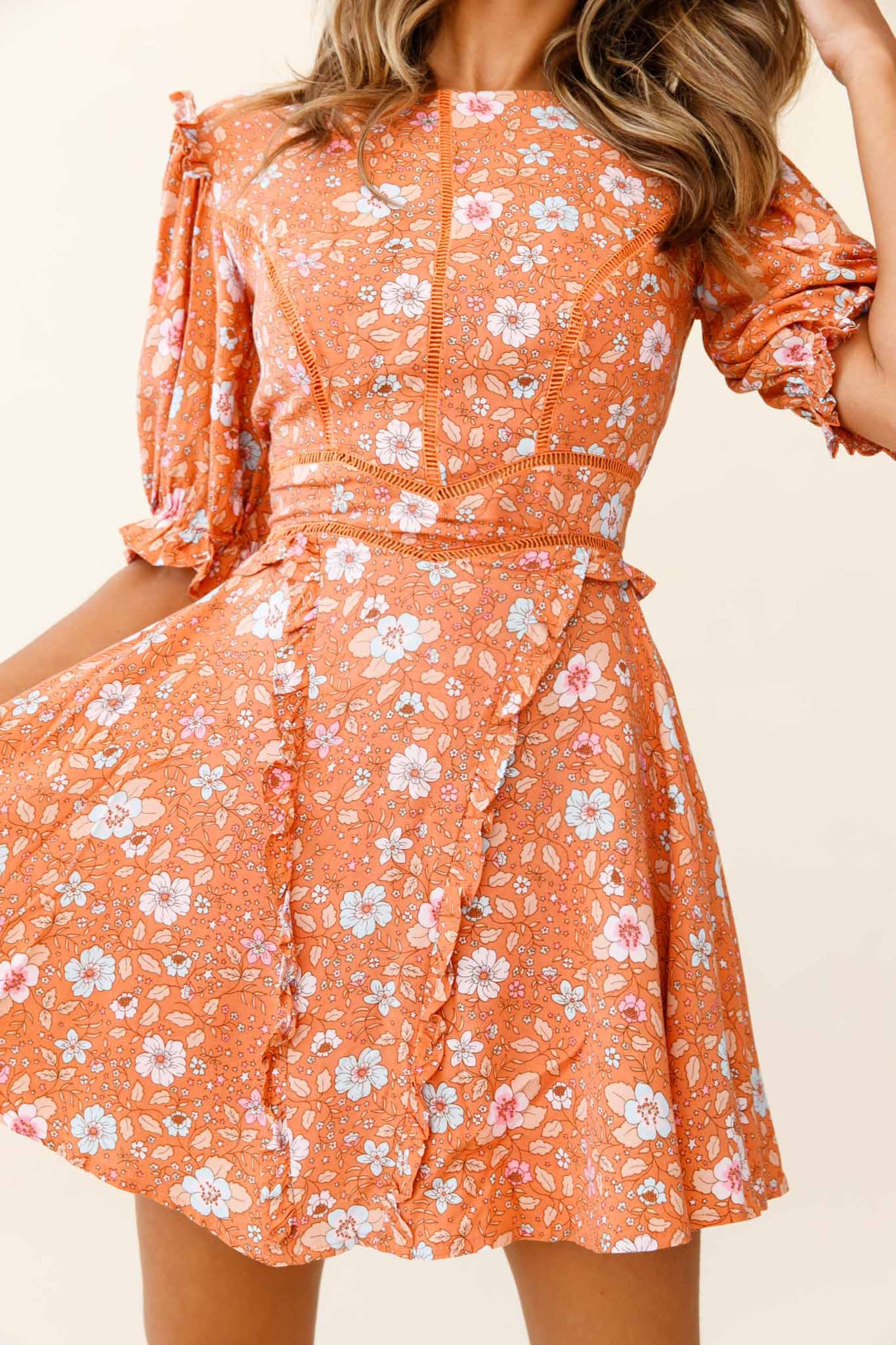 First Impressions Puff Sleeve Keyhole Back Dress Floral Print Orange/Pink
