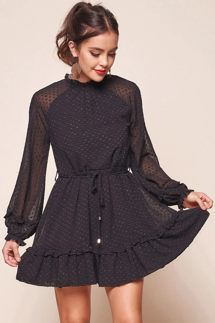 Tracee Open Black Ruffled Hemline Dress Black