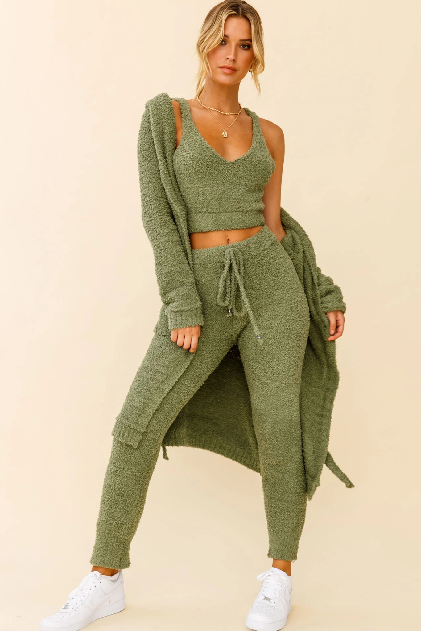 My Girl Fuzzy Knit Longline Pocket Cardigan Sage