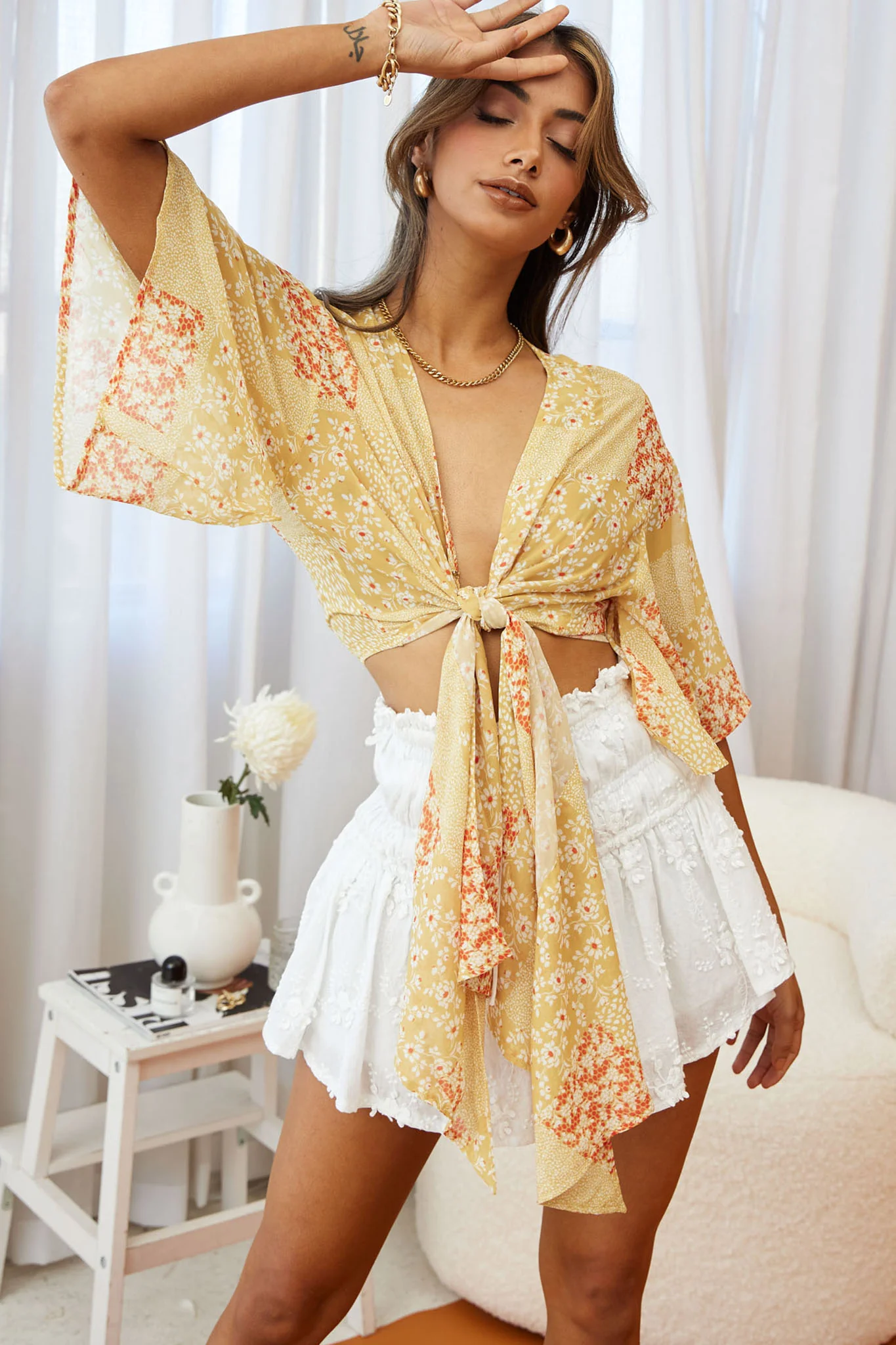 Rivera Deep-V Tie Front Crop Top Floral Square Print Yellow