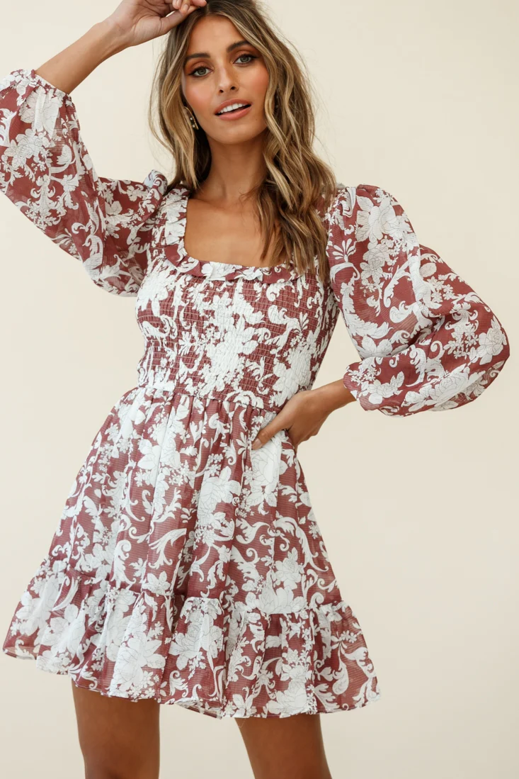 Athaliah Shirred Bust Balloon Sleeve Dress Ornate Print Maroon