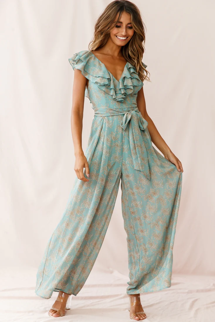 Marcia Ruffle Strap Wide Leg Jumpsuit Floral Print Sage