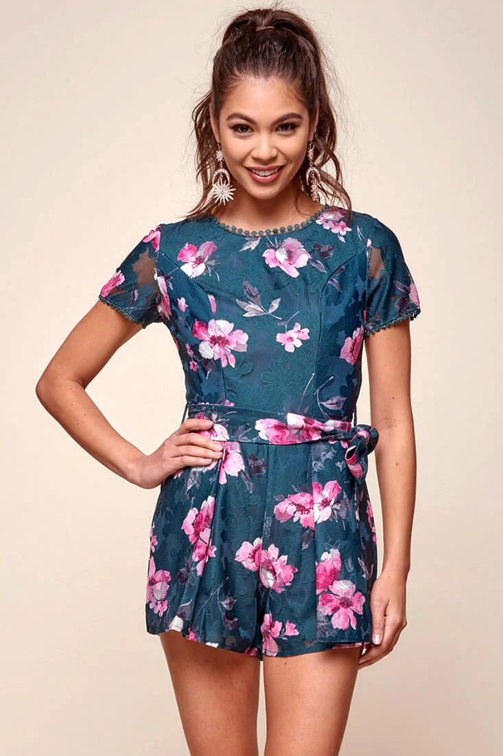 Dawson Floral Lace Back Romper Forest Green