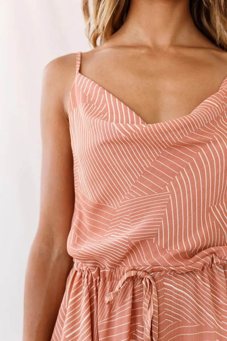 Ava Cowl Neck Drawstring Midi Dress Line Print Nude