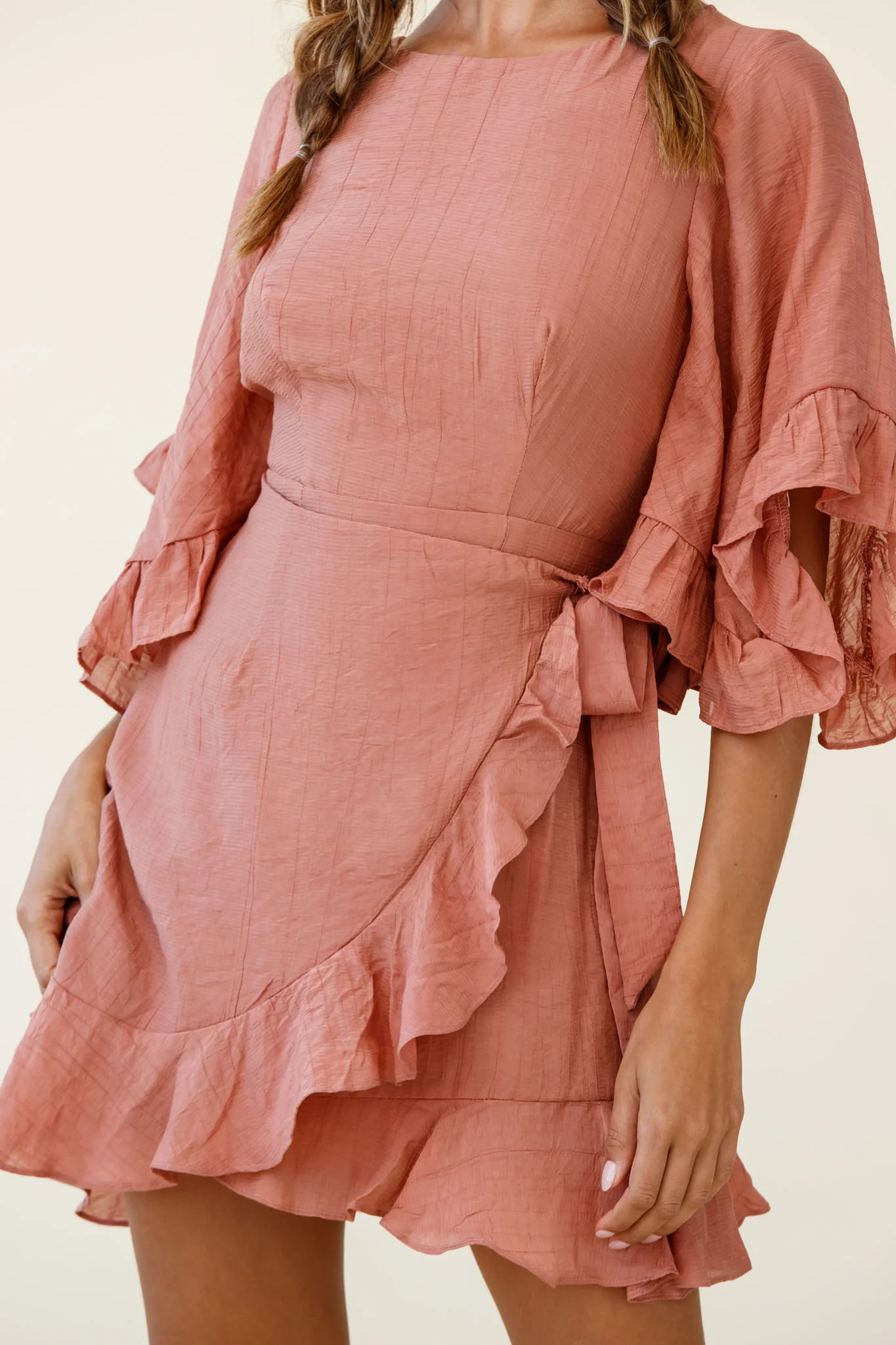 Make It Happen Flared Sleeve Ruffle Trim Dress Rose