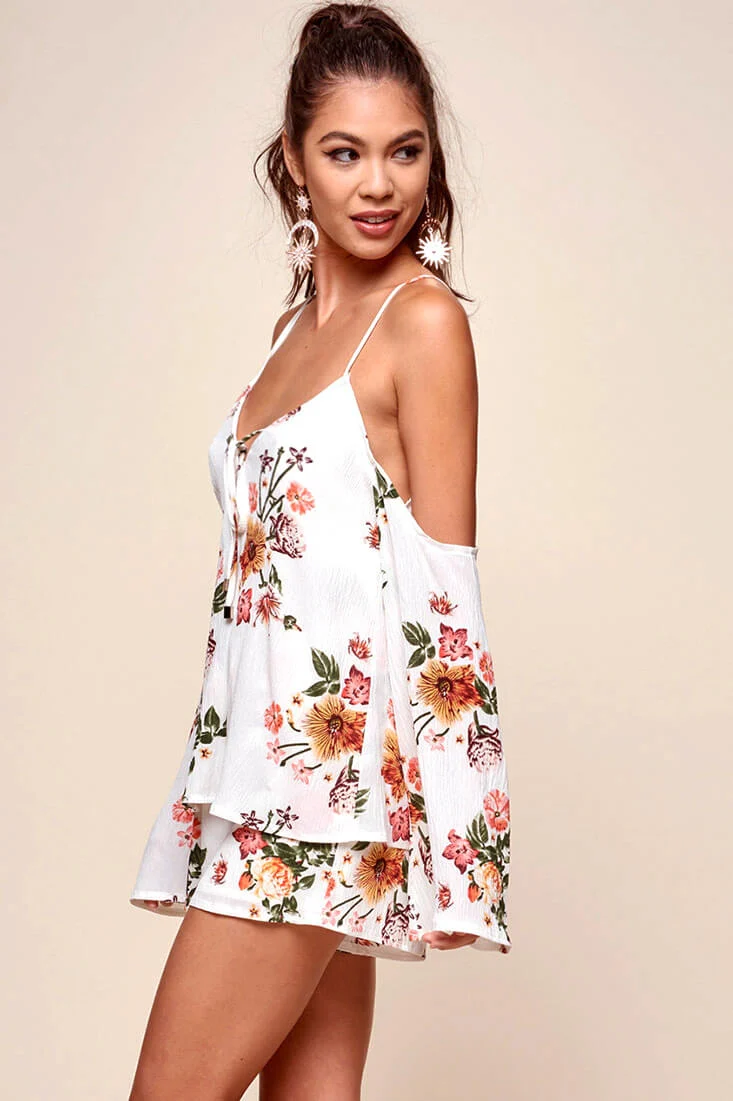 Ashanti Off the Shoulder Layered Floral Romper White