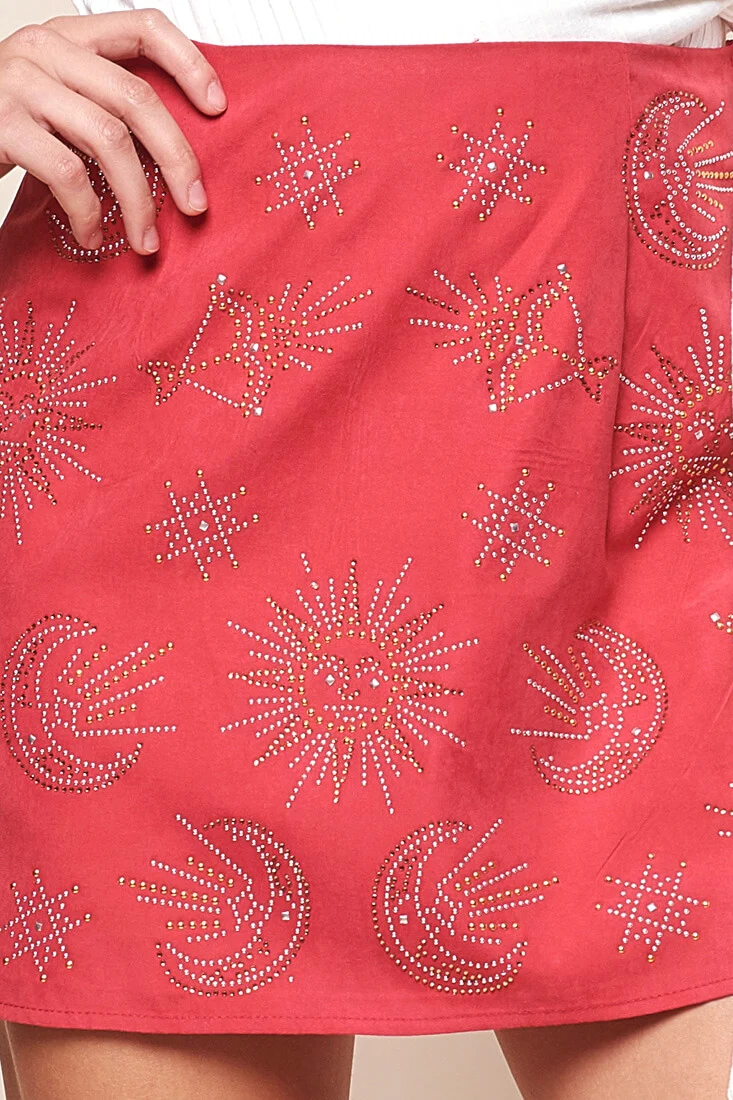 Mari Astrology Embellishment Mini Skirt Red