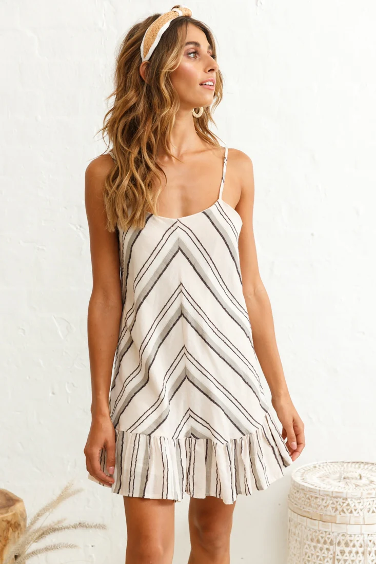 Beni Cami Strap Shift Dress Diagonal Pattern Beige