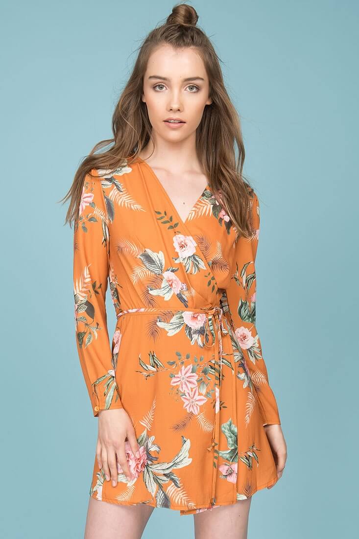 Aryanna Floral Wrap Dress Orange Mustard