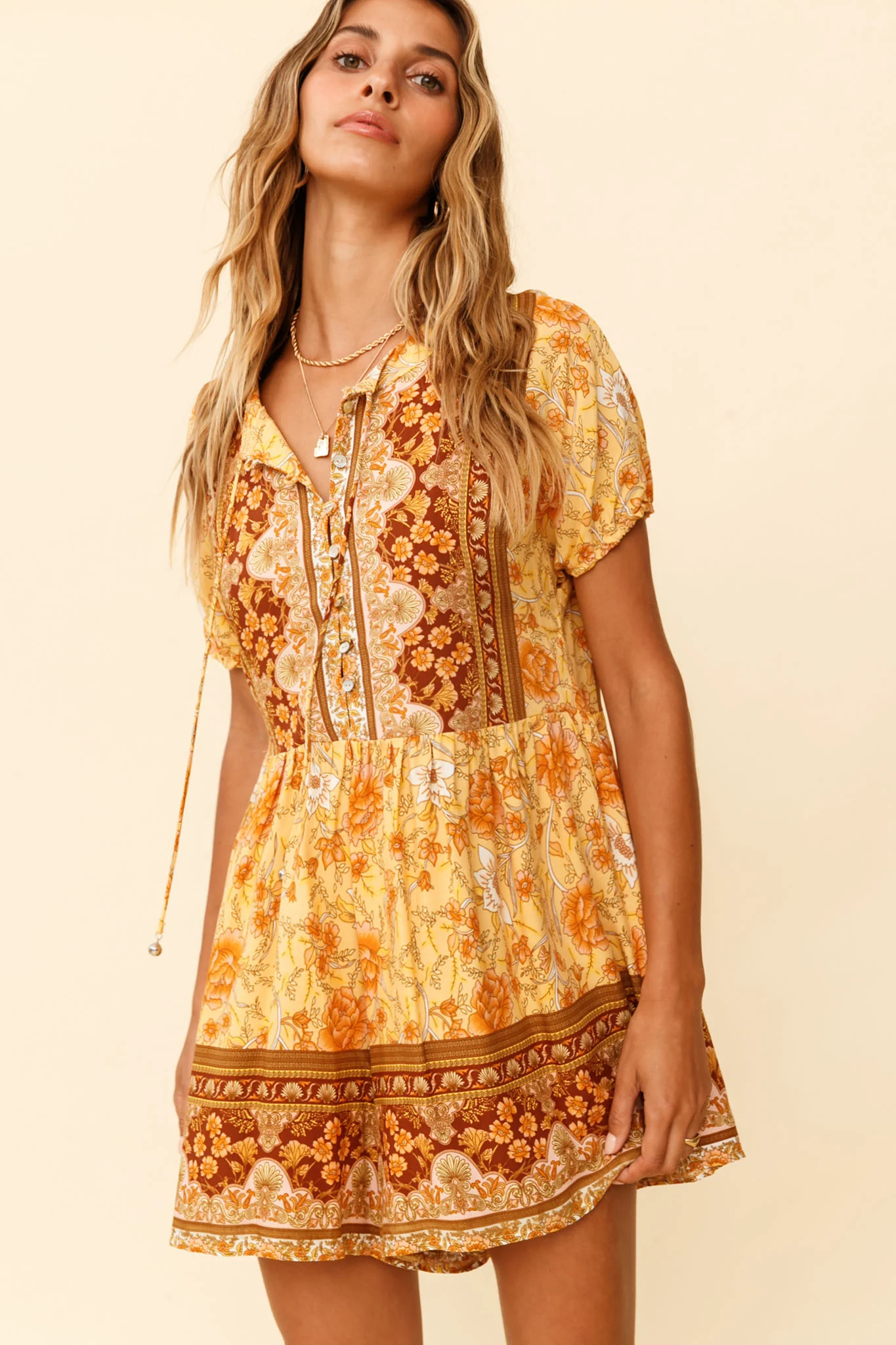 Time Flies Puff Sleeve T-Shirt Romper Boho Floral Print Yellow