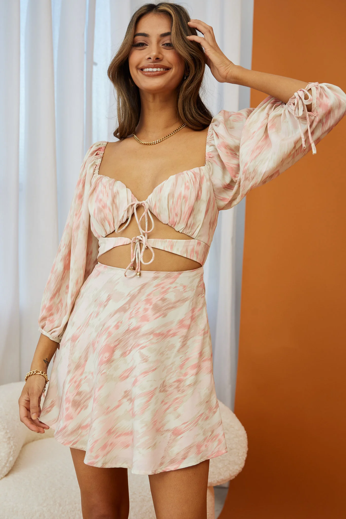 Madeleina Cut-Out Bodice Balloon Sleeve Dress Marble Print Pink