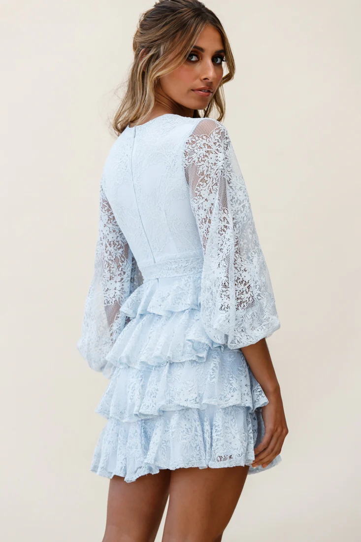 Queensland Balloon Sleeve Tiered Frill Lace Dress Steel Blue