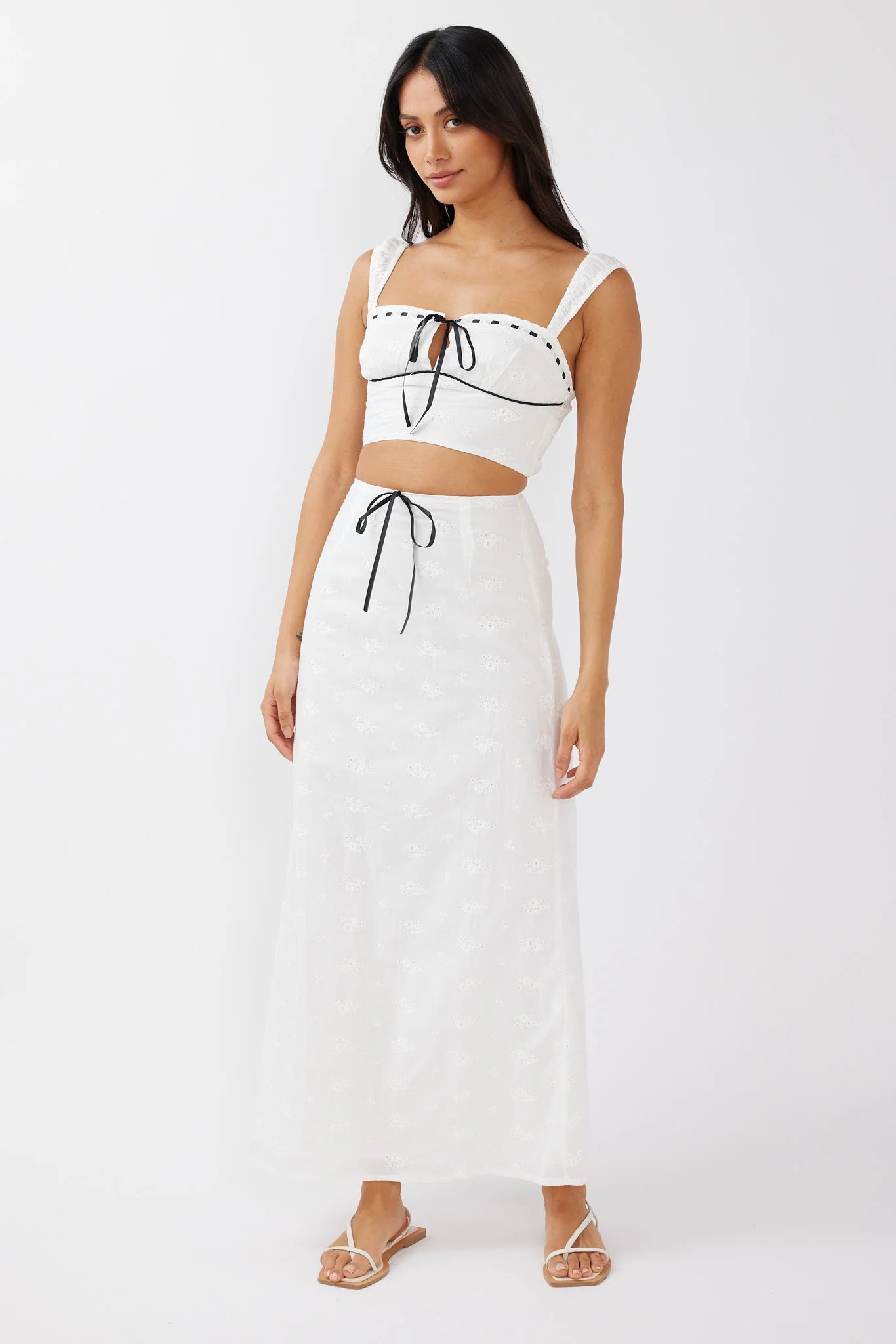 Helga Eyelet Embroidery Bow Crop Top White