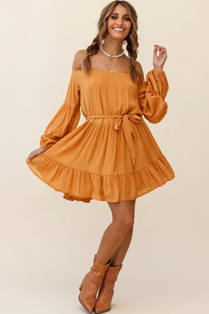 Frida Off-Shoulder Waist Tie Dress Tan